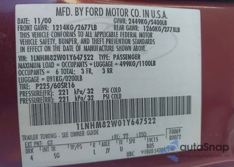 2001 Lincoln Town Car Signature z USA, uszkodzony, nr VIN 1LNHM82W01Y647522